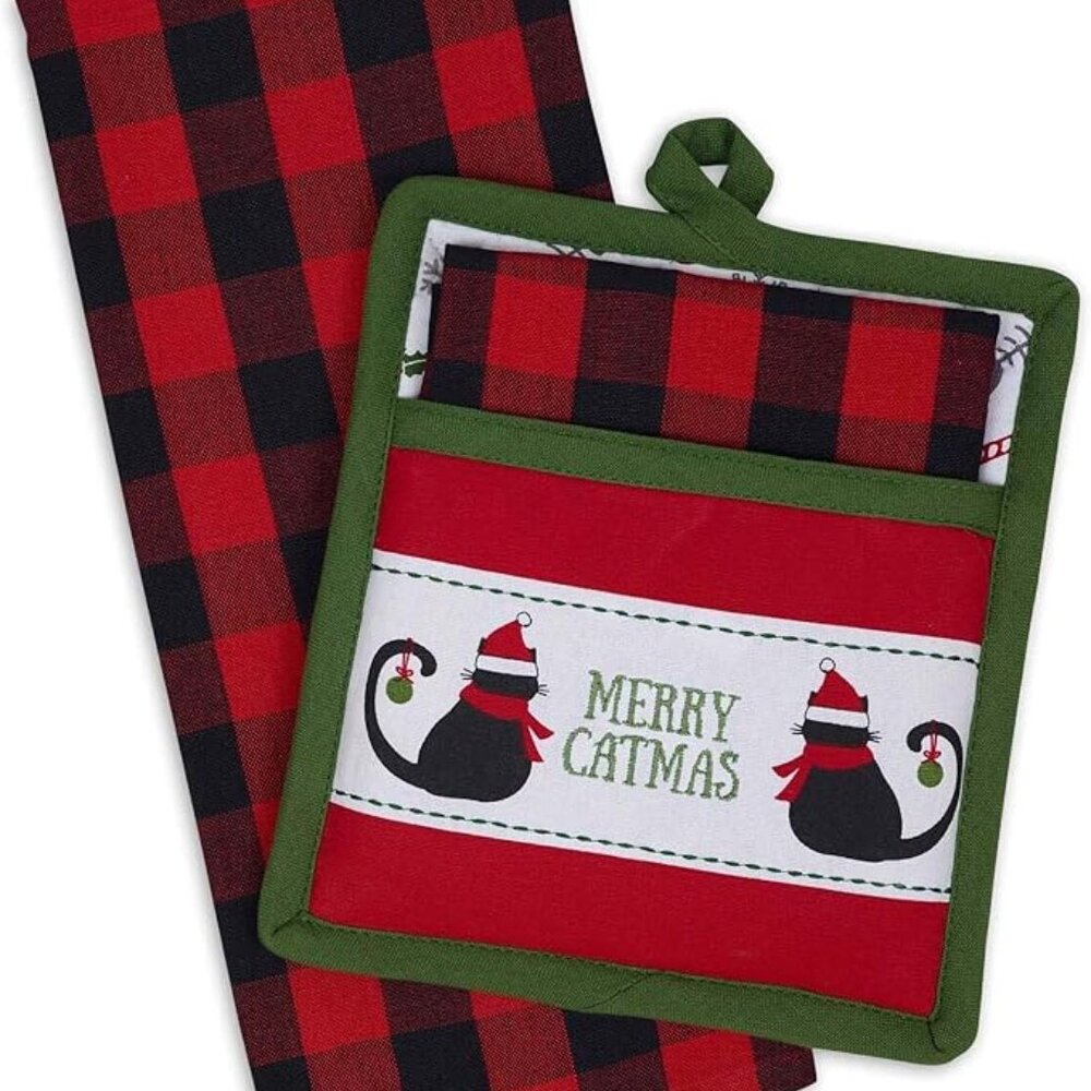 Merry Catmas Buffalo Plaid 28 x 18 Dish Towel and Cotton Potholder Gift Set
